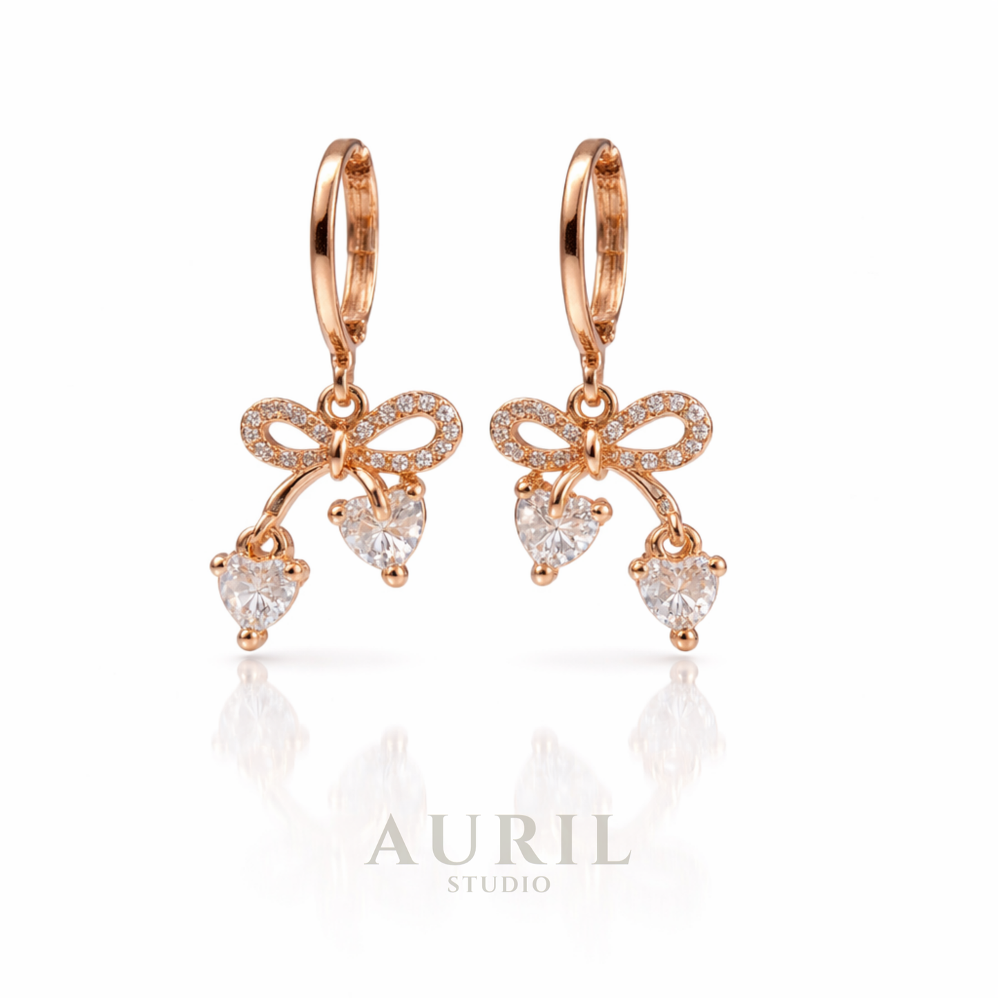 Bow Heart CZ Drop Earrings, 18K Rose Gold Plated Anti Tarnish Coquette for Women