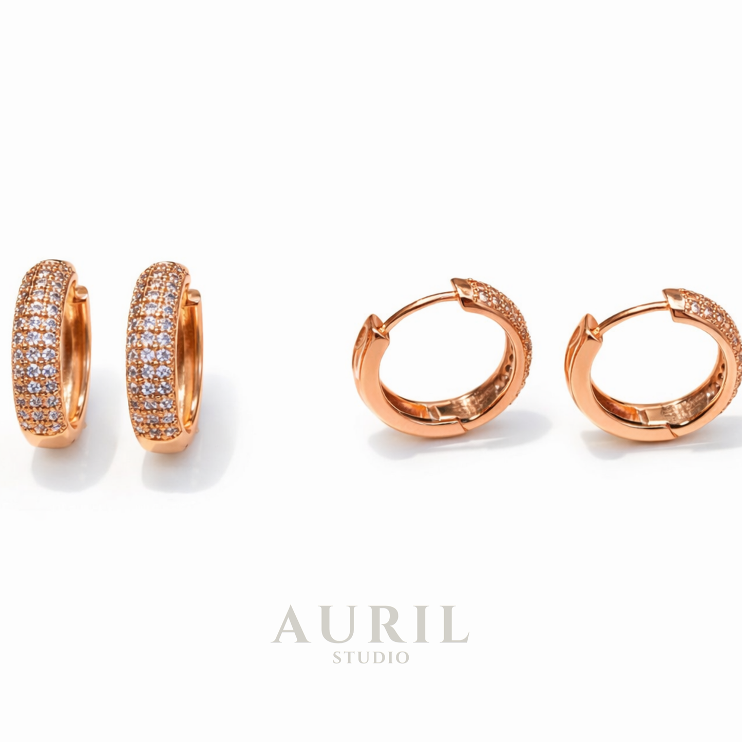 Pavé Crystal Wide Huggie Hoop Earrings, 18K Rose Gold Plated Anti Tarnish for Women
