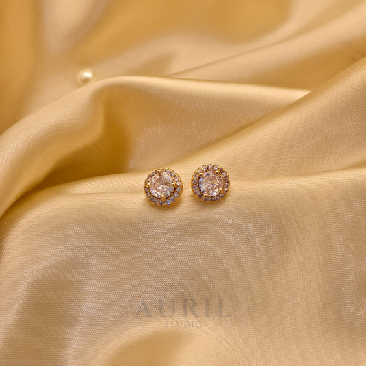 Round Halo CZ Stud Earrings, 18K Rose Gold Plated Anti Tarnish Solitaire Studs for Women