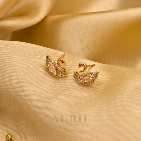 Crystal Swan Stud Earrings with Pink Stone, 18K Rose Gold Plated Anti Tarnish for Women