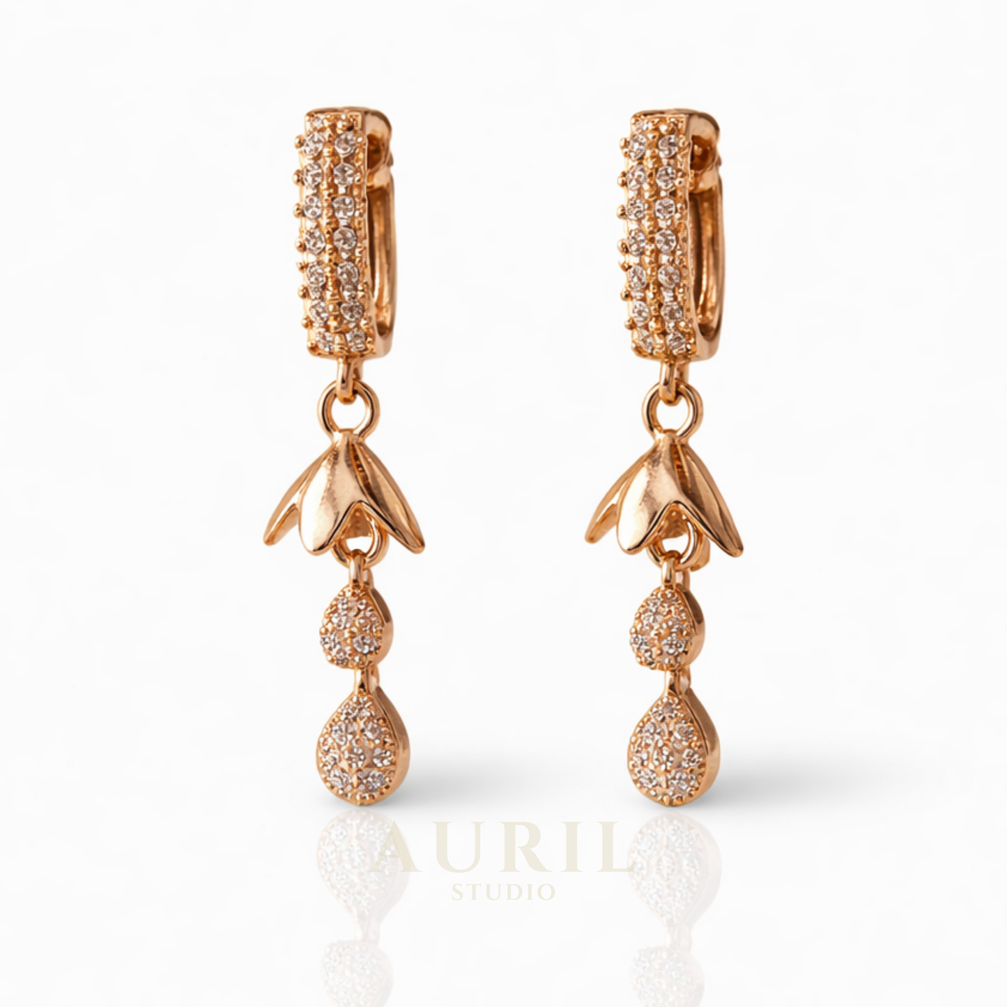 Tulip CZ Drop Huggie Earrings, 18K Rose Gold Plated Anti Tarnish Dangle for Women