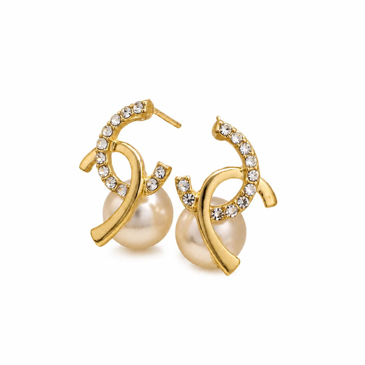 Crystal Ribbon Twist Pearl Stud Earrings