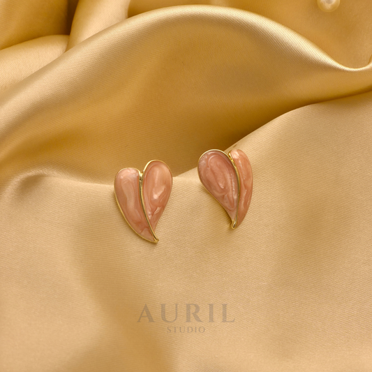 Pink Enamel Folded Heart Stud Earrings