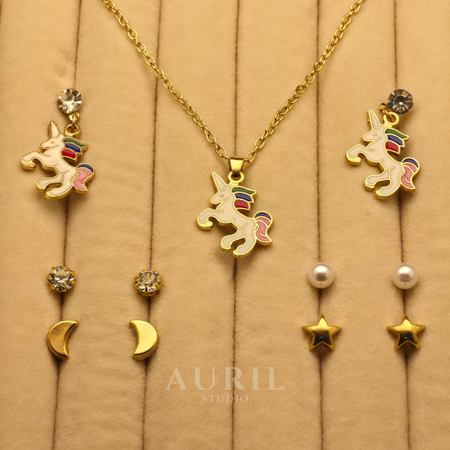 Magical Unicorn Jewelry Set for Girls – Gold-Plated Enamel Necklace, Pendant & 5-Pair Multistyle Earring Stud Combo (Stars, Pearls, Crystals)