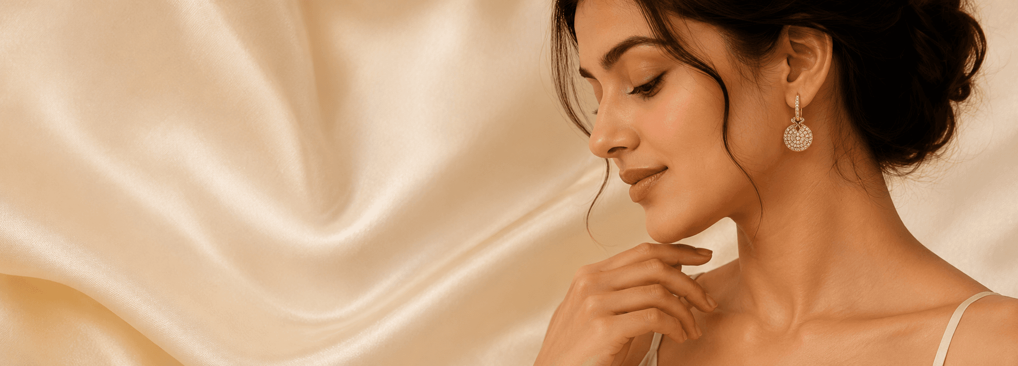Woman wearing gold drop earrings against champagne silk