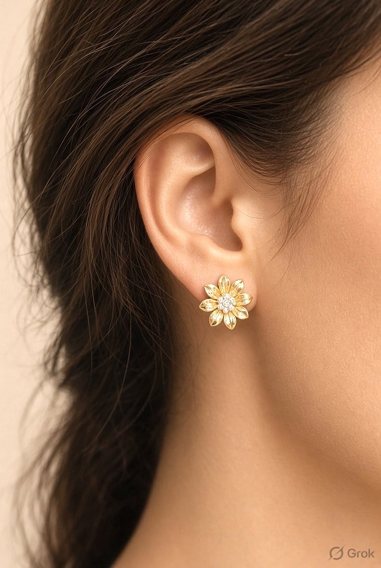 Woman wearing a gold flower stud earring
