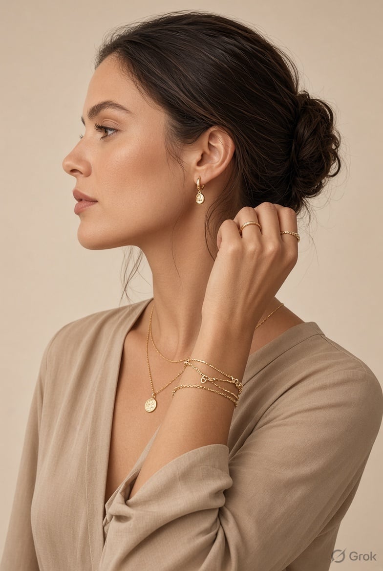 Woman wearing layered gold necklaces and a stud earring together
