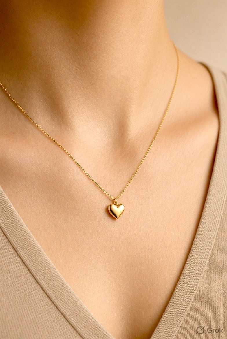 Woman wearing a gold heart pendant necklace