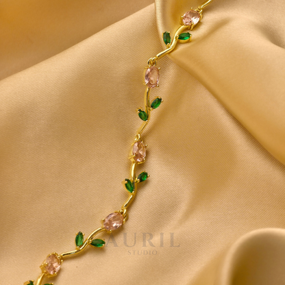 Tulip Vine Bracelet, Gemstone and Leaf Link Statement Bracelet for Women