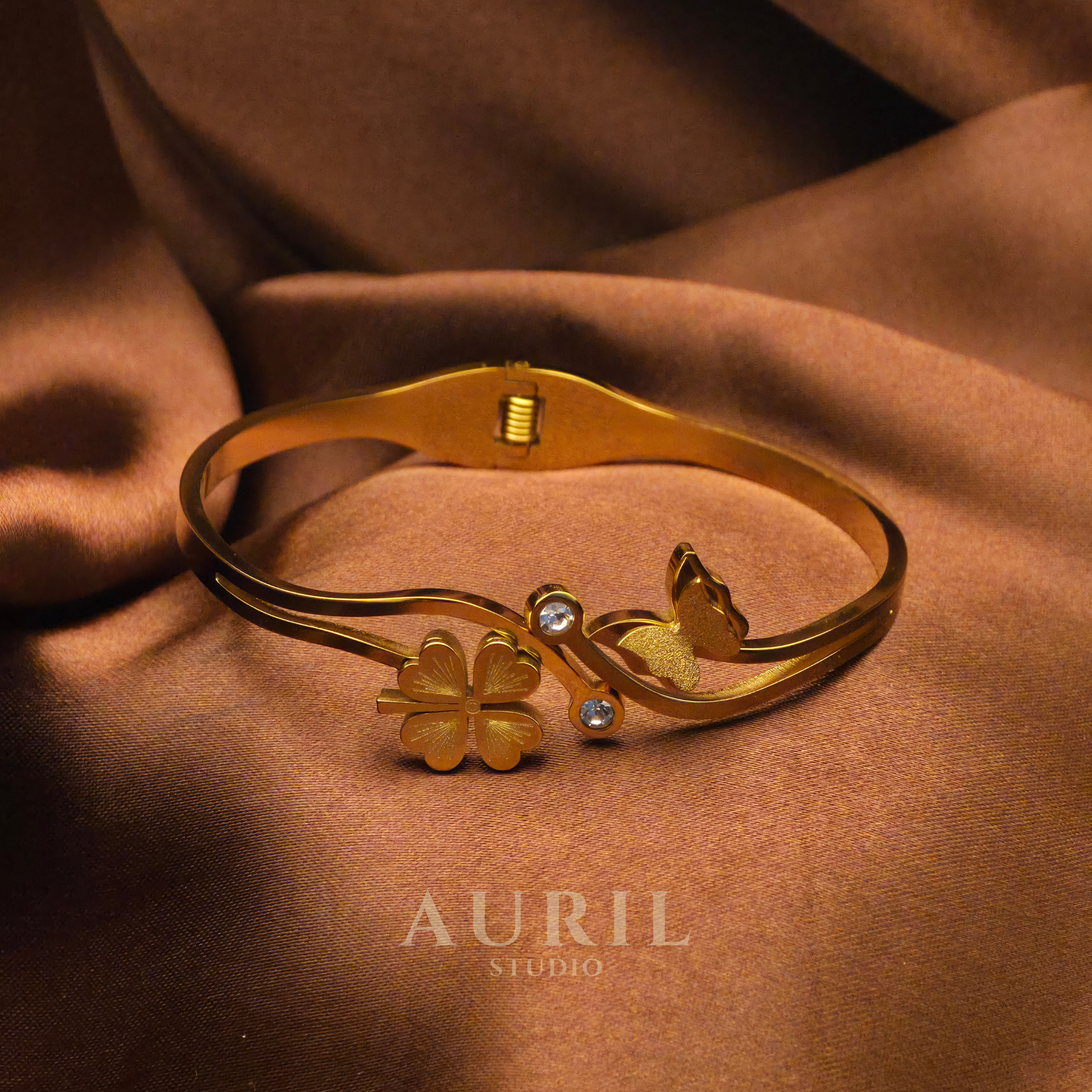 18K Gold Plated Butterfly & Clover Bangle - Anti-Tarnish Stainless Steel Floral Cuff Bracelet with Crystal Accents