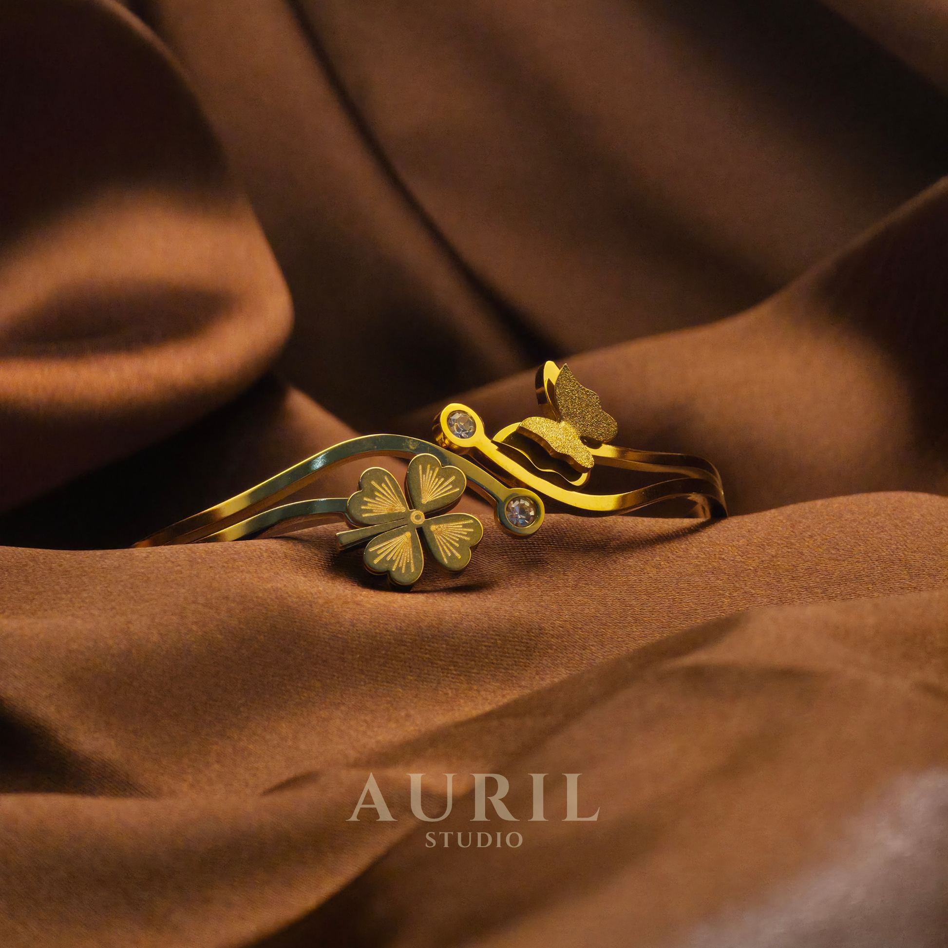 18K Gold Plated Butterfly & Clover Bangle - Anti-Tarnish Stainless Steel Floral Cuff Bracelet with Crystal Accents
