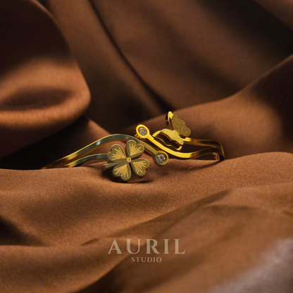 18K Gold Plated Butterfly & Clover Bangle - Anti-Tarnish Stainless Steel Floral Cuff Bracelet with Crystal Accents