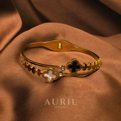 18K Gold Plated Clover Bangle Bracelet - Anti-Tarnish Lucky Four Leaf Floral Cuff with Mother of Pearl & Black Enamel
