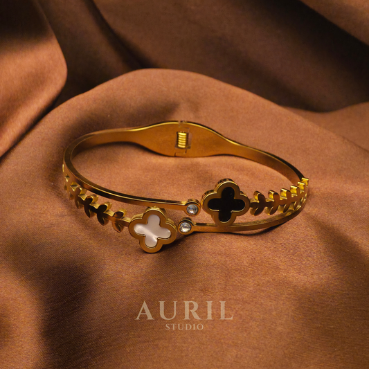 18K Gold Plated Clover Bangle Bracelet - Anti-Tarnish Lucky Four Leaf Floral Cuff with Mother of Pearl & Black Enamel

