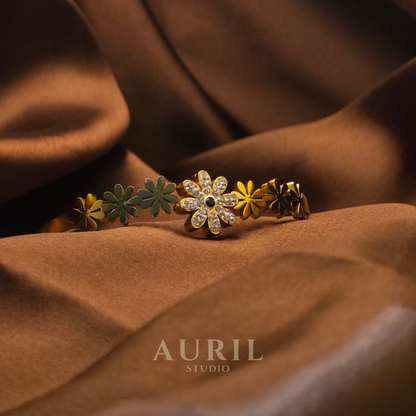 18K Gold Plated Daisy Flower Bangle Bracelet - Anti-Tarnish Floral Cuff with Cubic Zirconia Accents for Women