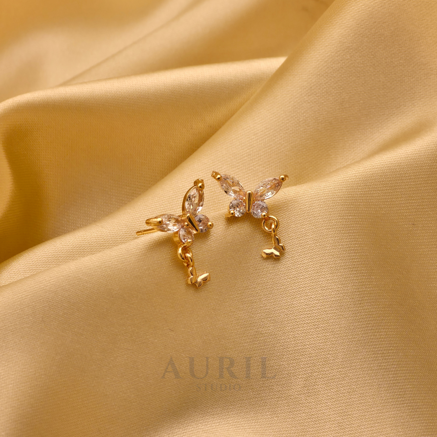 Crystal Butterfly Stud Earrings with Charm Dangle, 18K Gold Plated Anti Tarnish for Women
