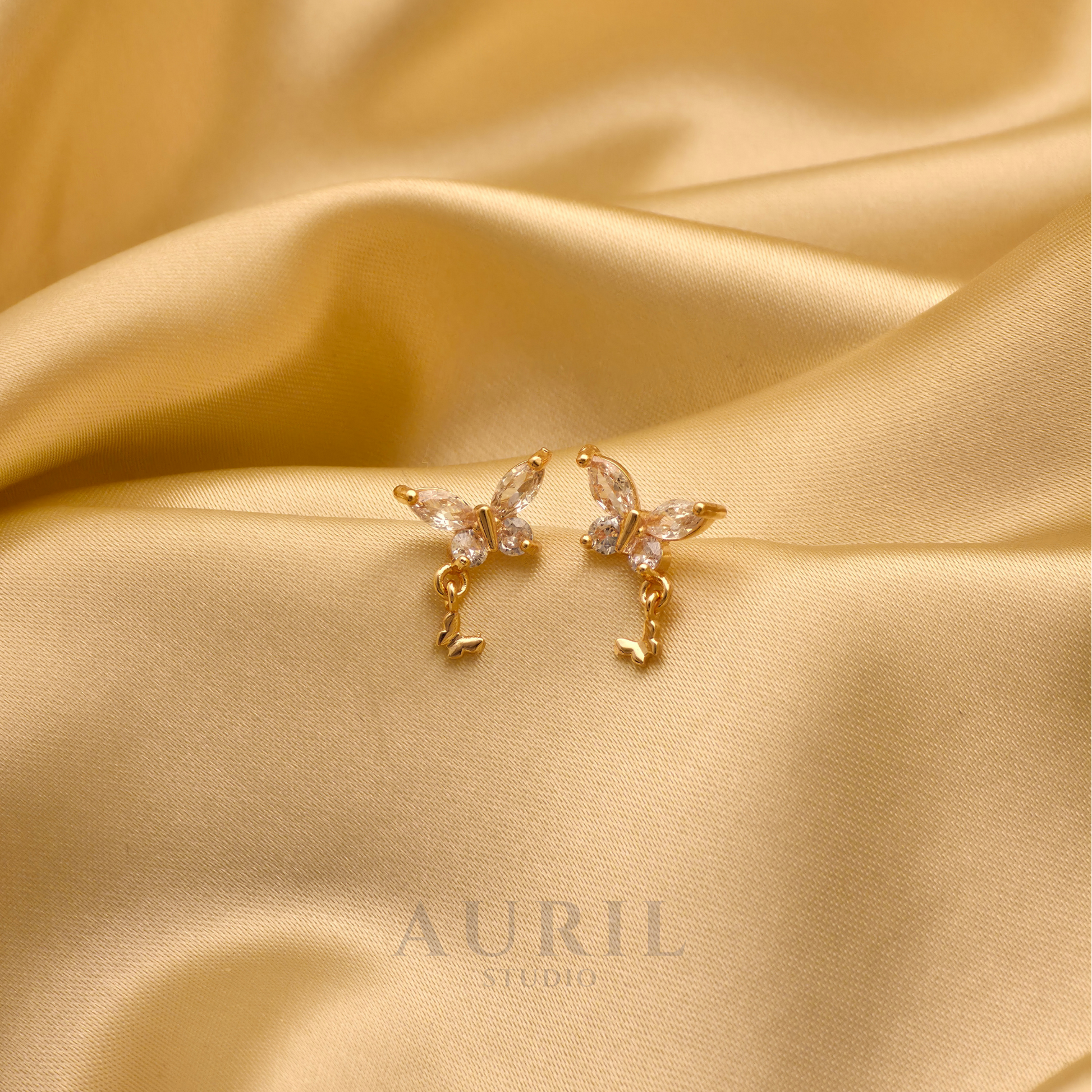 Crystal Butterfly Stud Earrings with Charm Dangle, 18K Gold Plated Anti Tarnish for Women
