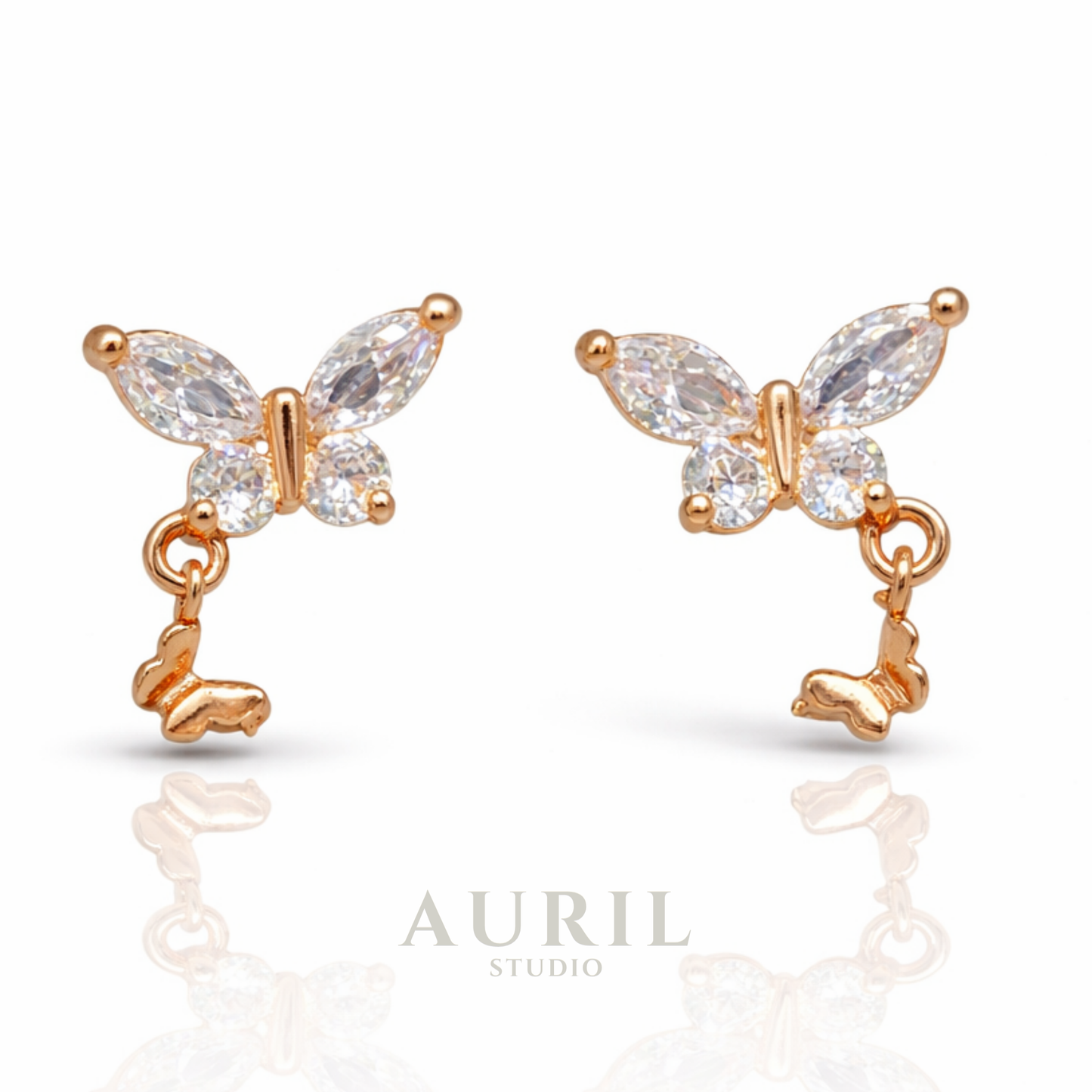 Crystal Butterfly Stud Earrings with Charm Dangle, 18K Gold Plated Anti Tarnish for Women