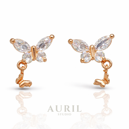Crystal Butterfly Stud Earrings with Charm Dangle, 18K Gold Plated Anti Tarnish for Women