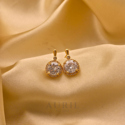Halo CZ Round Drop Earrings, 18K Gold Plated Anti Tarnish Solitaire Drops for Women
