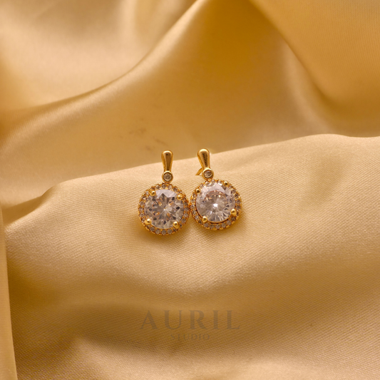 Halo CZ Round Drop Earrings, 18K Gold Plated Anti Tarnish Solitaire Drops for Women
