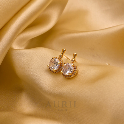 Halo CZ Round Drop Earrings, 18K Gold Plated Anti Tarnish Solitaire Drops for Women
