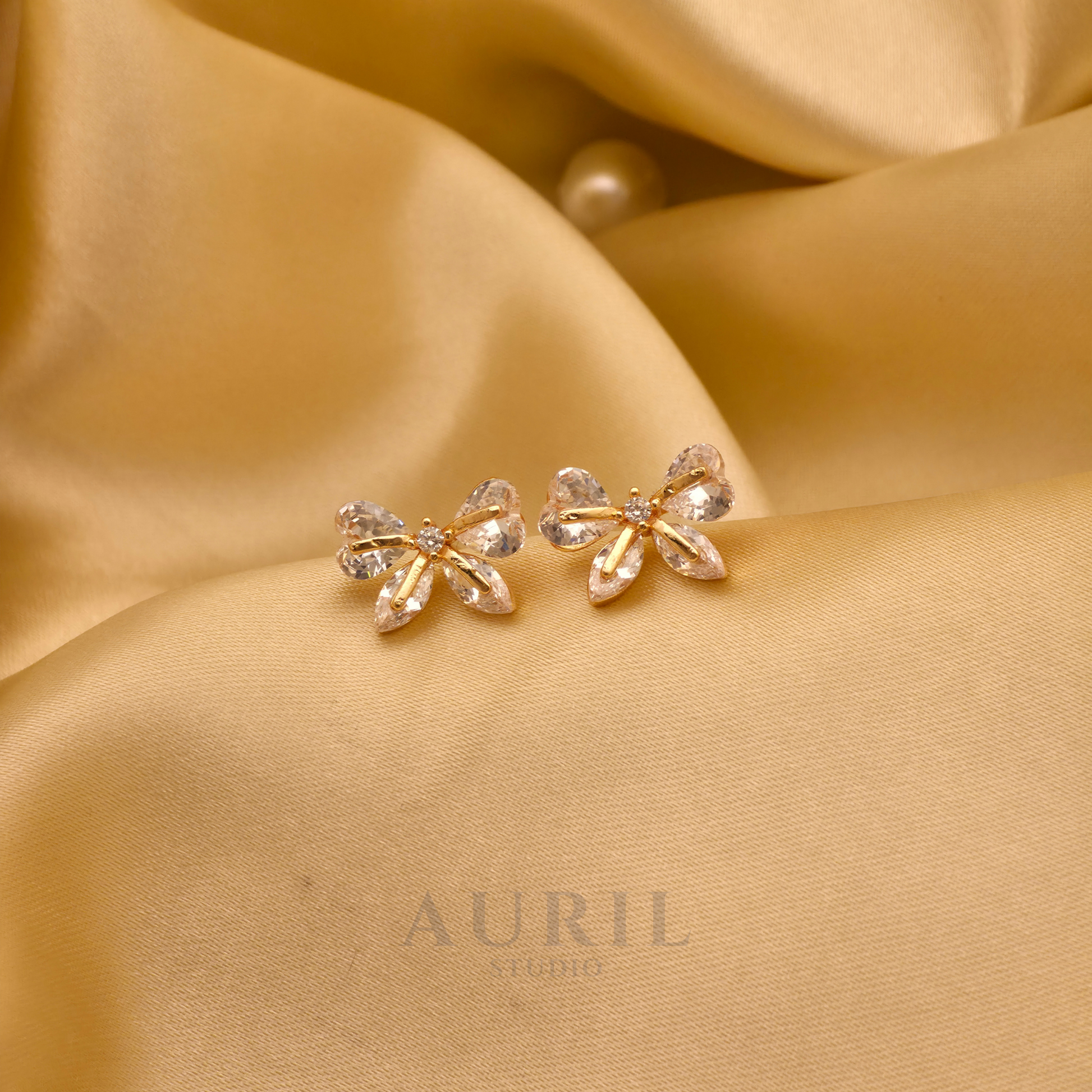 Crystal Bow Stud Earrings with Pear Stones, 18K Gold Plated Anti Tarnish for Women
