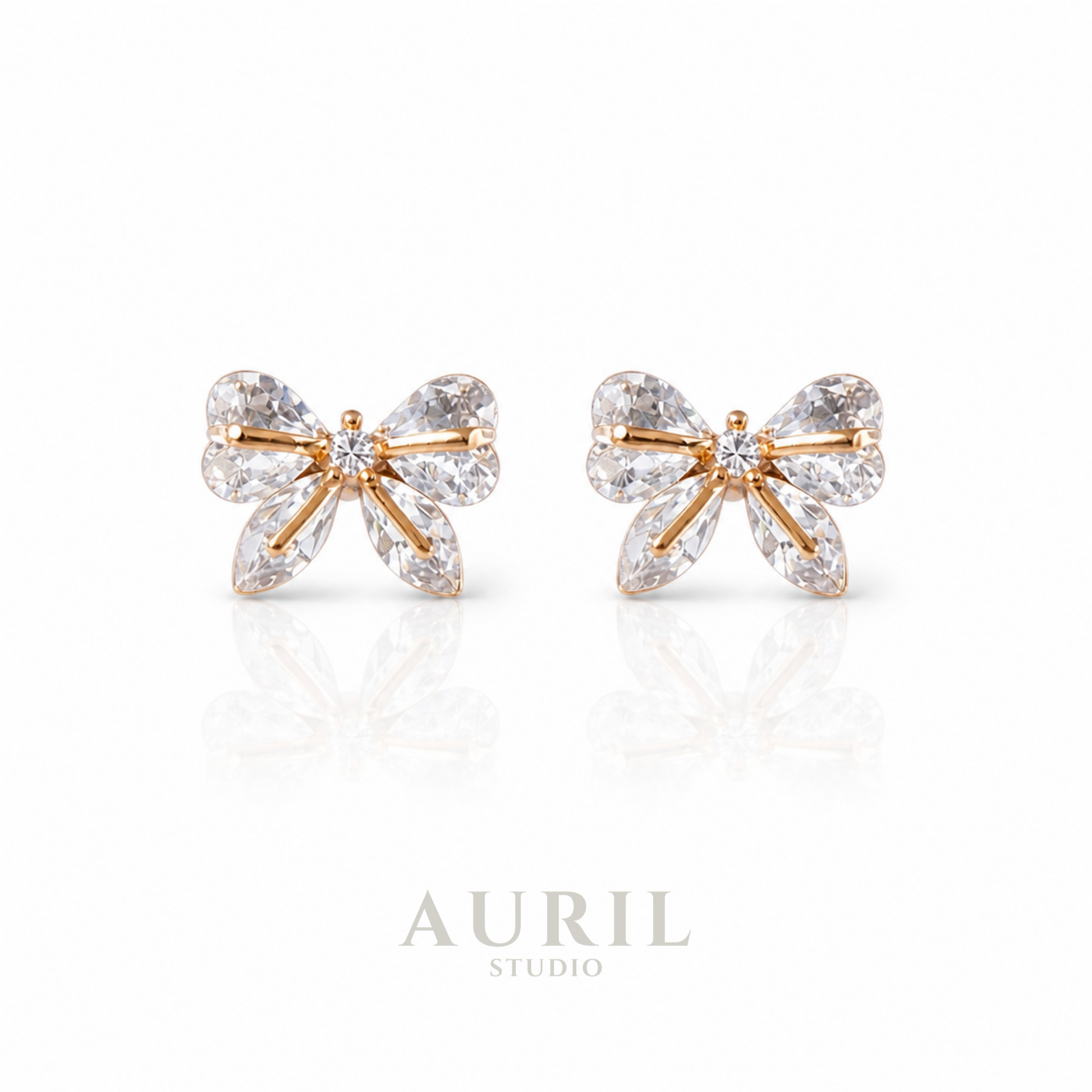 Crystal Bow Stud Earrings with Pear Stones, 18K Gold Plated Anti Tarnish for Women