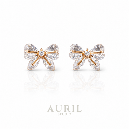 Crystal Bow Stud Earrings with Pear Stones, 18K Gold Plated Anti Tarnish for Women