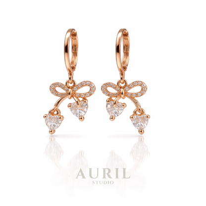 Bow Heart CZ Drop Earrings, 18K Rose Gold Plated Anti Tarnish Coquette for Women