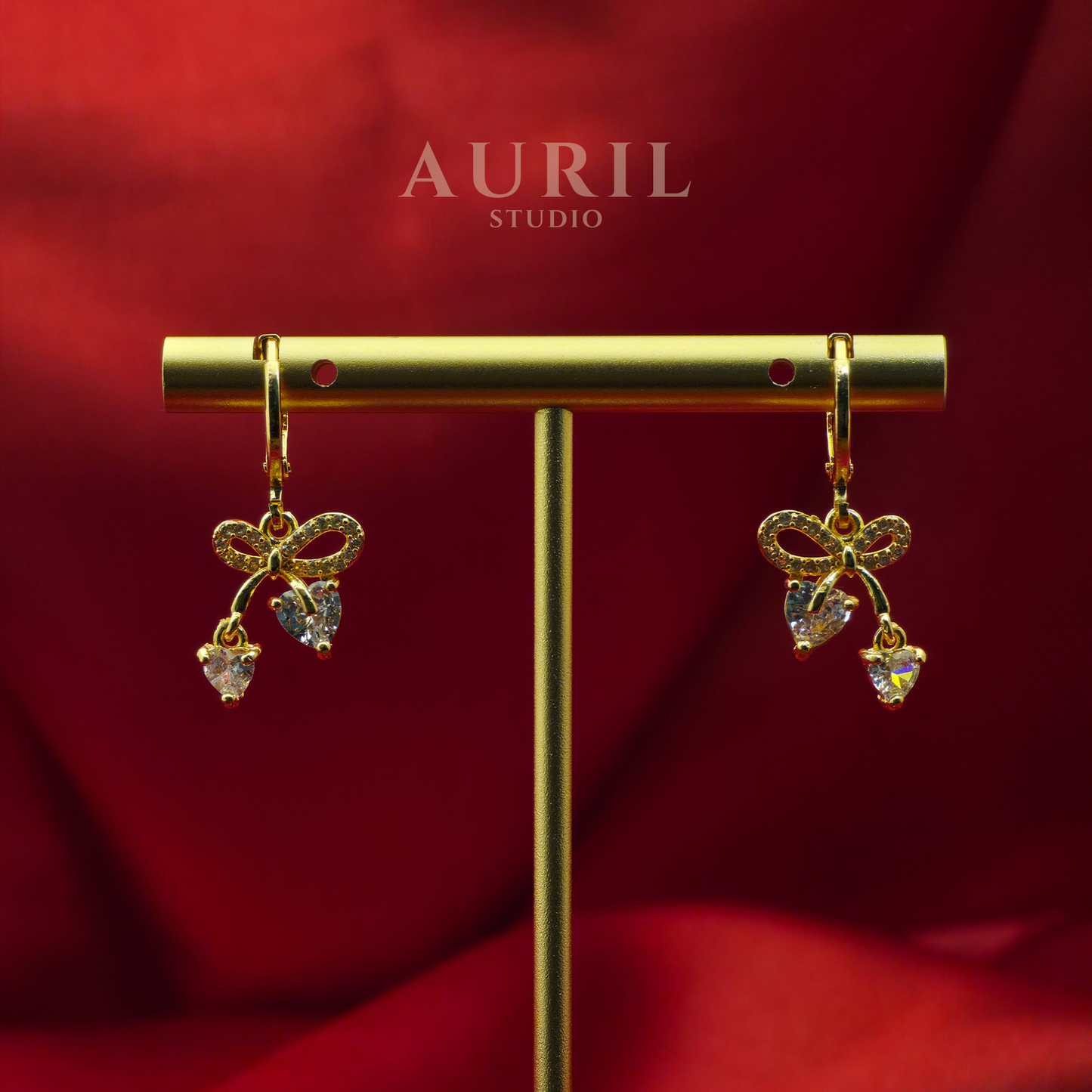 Bow Heart CZ Drop Earrings, 18K Rose Gold Plated Anti Tarnish Coquette for Women