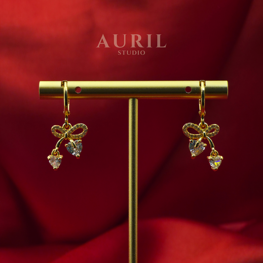 Bow Heart CZ Drop Earrings, 18K Rose Gold Plated Anti Tarnish Coquette for Women