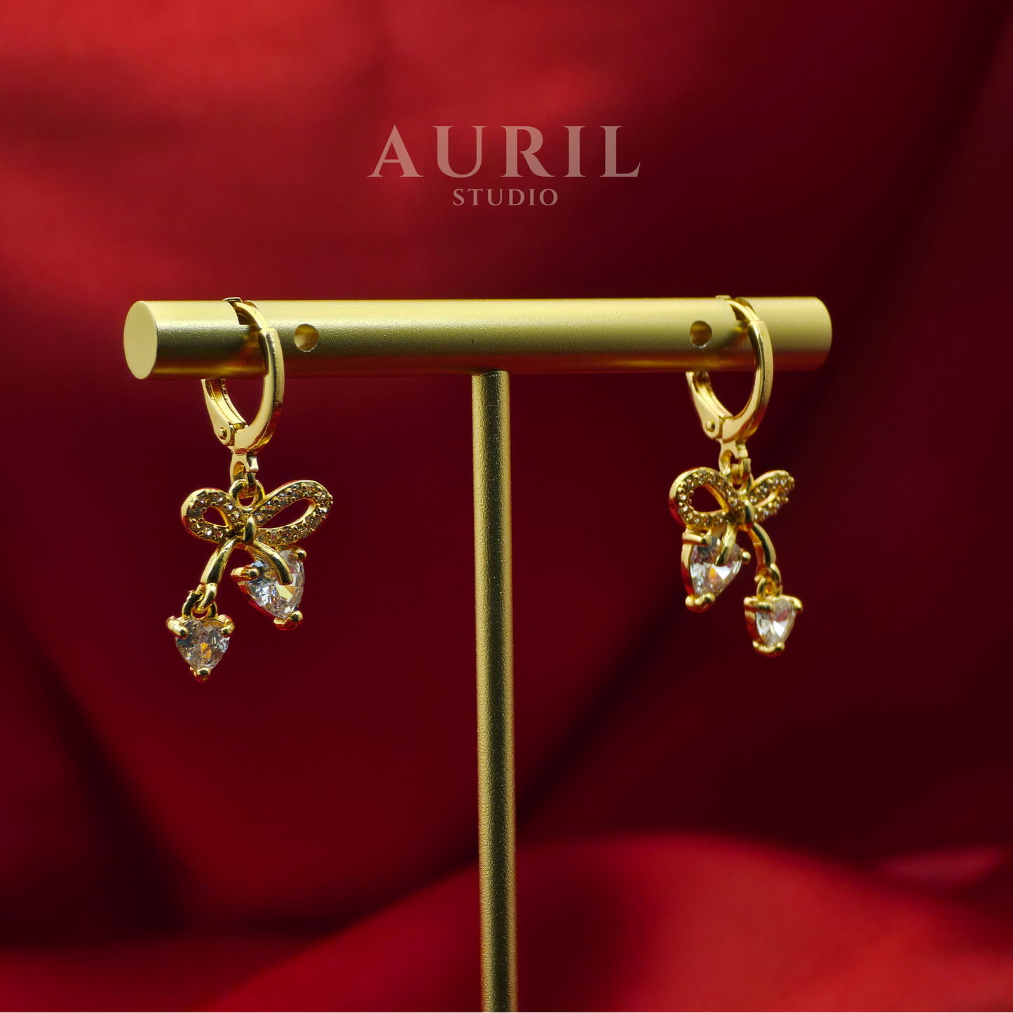 Bow Heart CZ Drop Earrings, 18K Rose Gold Plated Anti Tarnish Coquette for Women