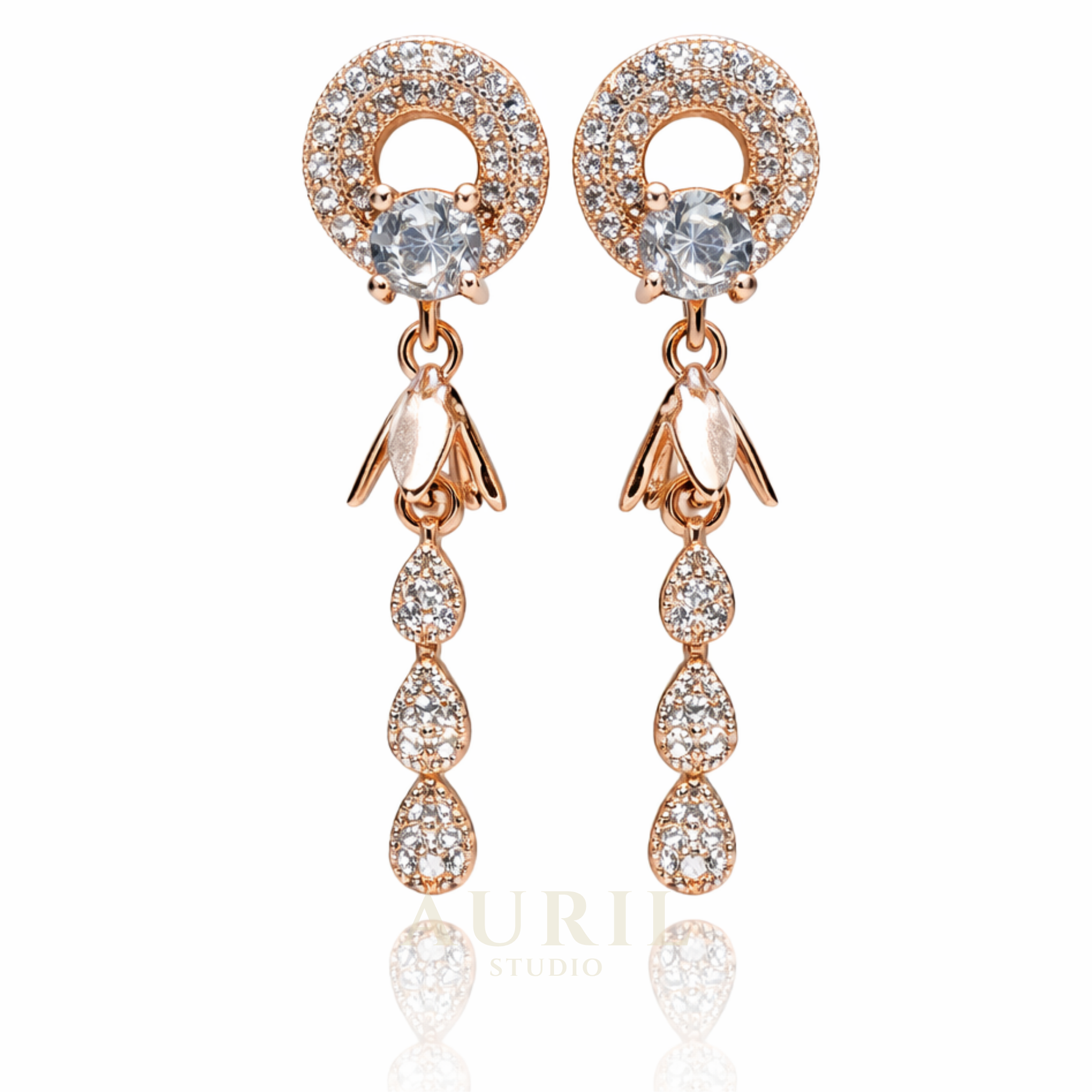 Halo CZ Cascade Drop Earrings, 18K Rose Gold Plated Anti Tarnish Long Drops for Women
