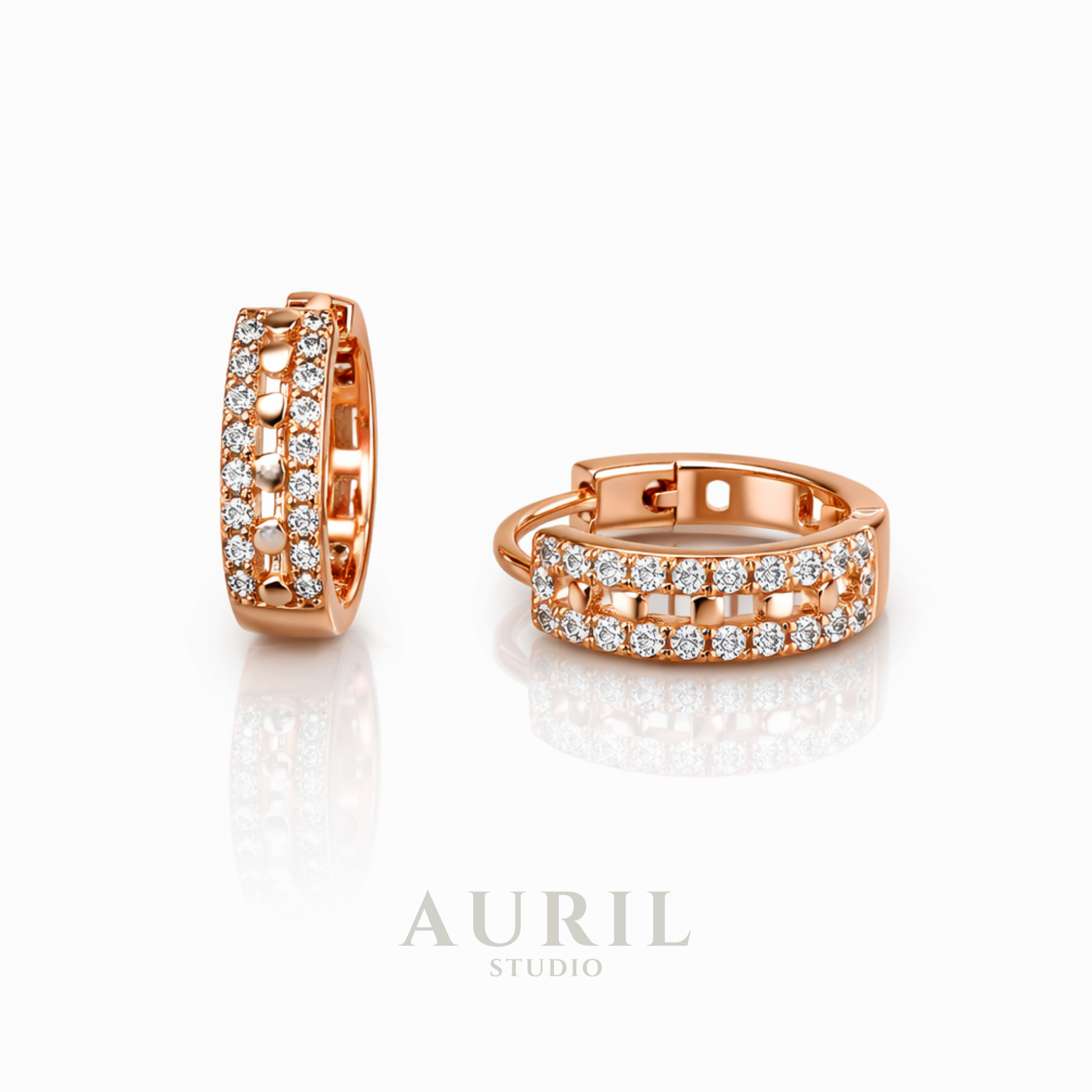 Pavé Crystal Decorative Huggie Hoop Earrings, 18K Rose Gold Plated Anti Tarnish for Women
