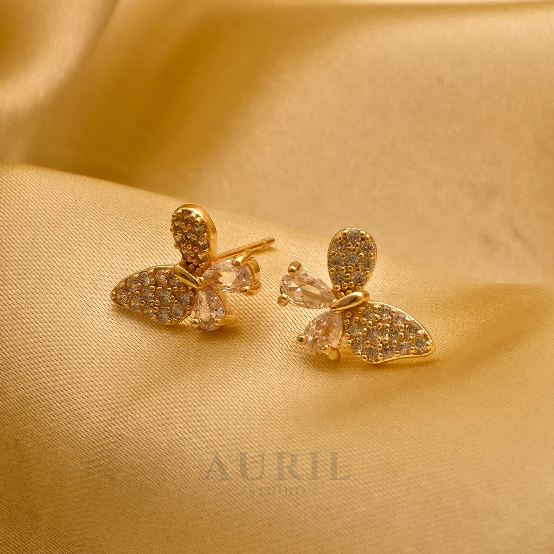 Crystal Butterfly Stud Earrings with Pear Stones, 18K Rose Gold Plated Anti Tarnish for Women
