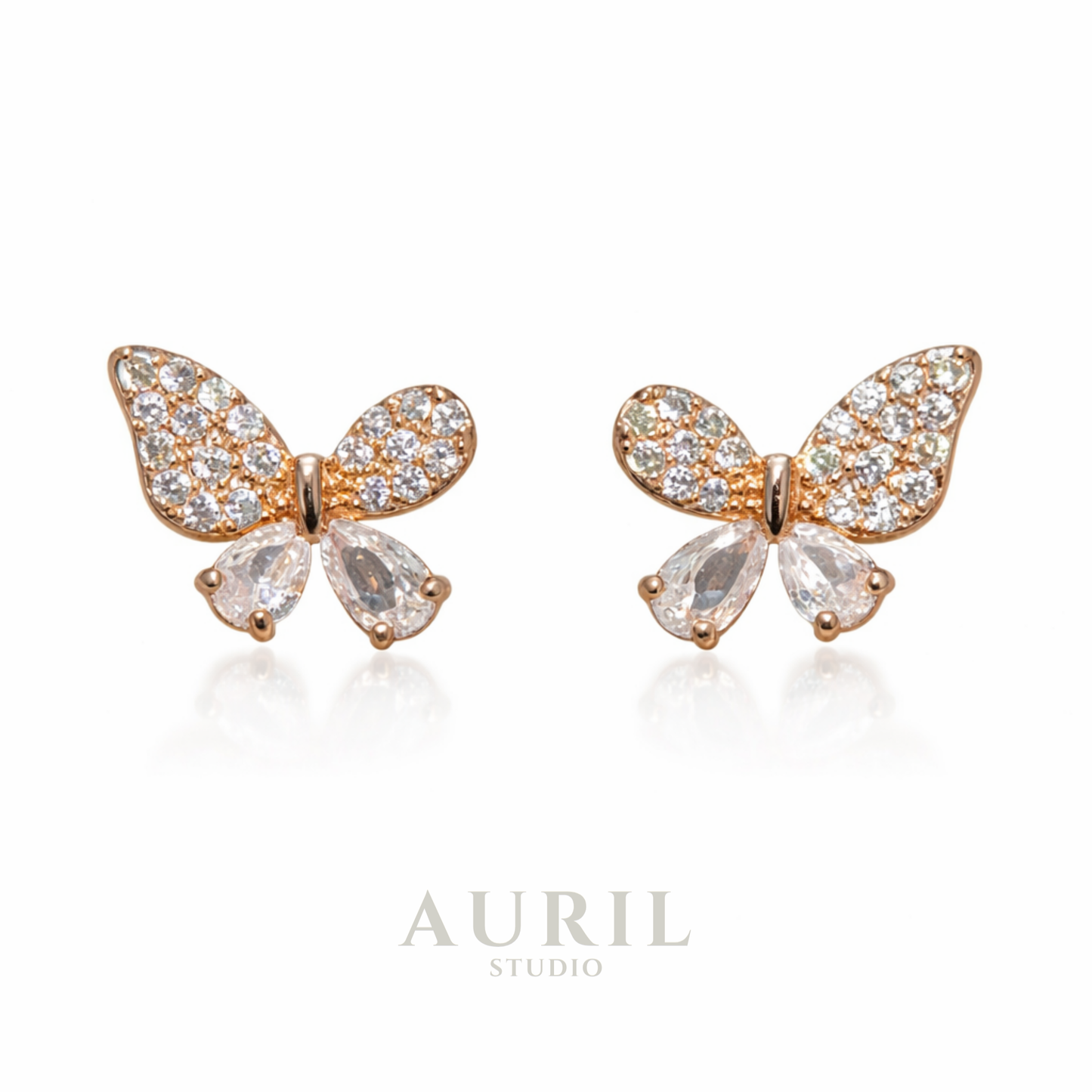 Crystal Butterfly Stud Earrings with Pear Stones, 18K Rose Gold Plated Anti Tarnish for Women