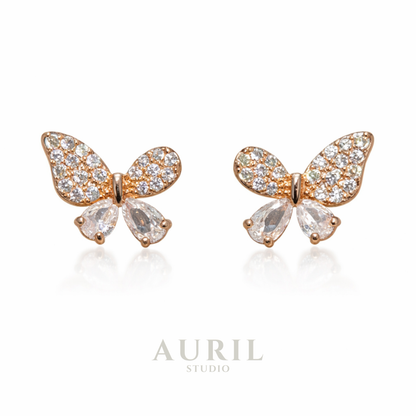Crystal Butterfly Stud Earrings with Pear Stones, 18K Rose Gold Plated Anti Tarnish for Women