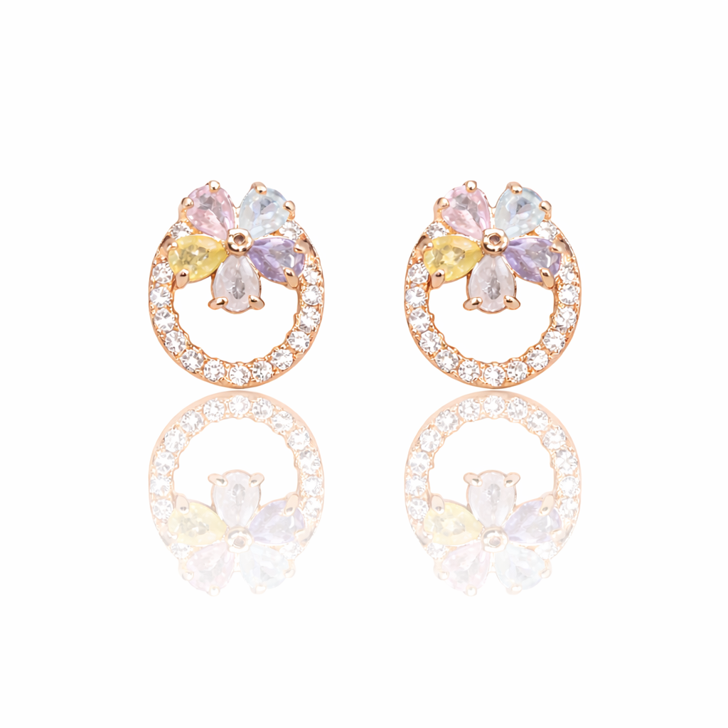 Pastel Flower CZ Stud Earrings, 18K Rose Gold Plated Anti Tarnish Halo Studs for Women
