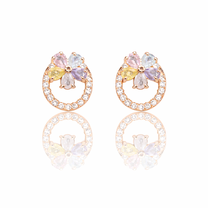 Pastel Flower CZ Stud Earrings, 18K Rose Gold Plated Anti Tarnish Halo Studs for Women
