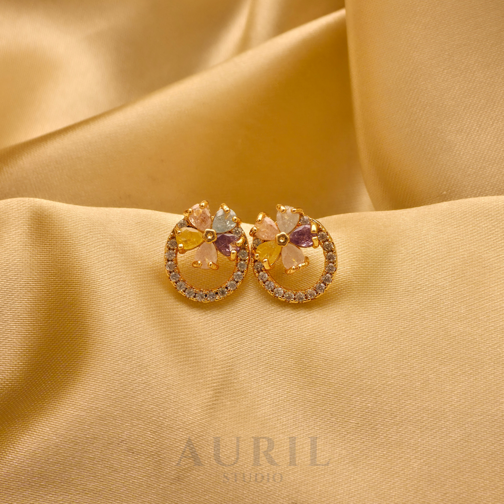 Pastel Flower CZ Stud Earrings, 18K Rose Gold Plated Anti Tarnish Halo Studs for Women