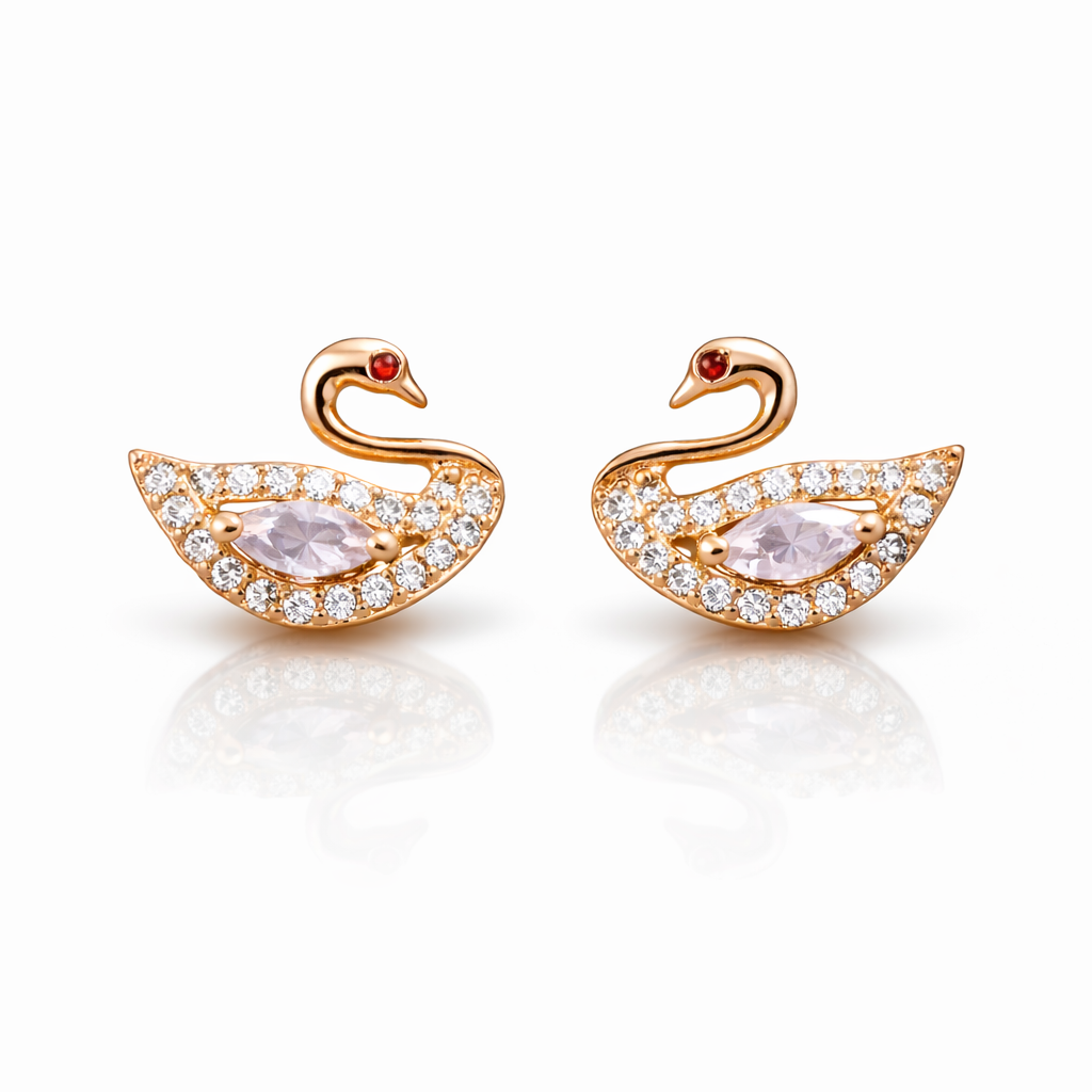 Crystal Swan Stud Earrings with Pink Stone, 18K Rose Gold Plated Anti Tarnish for Women