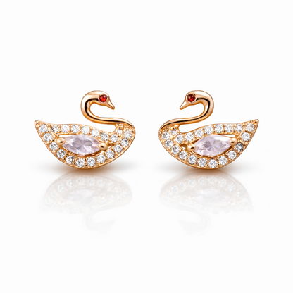 Crystal Swan Stud Earrings with Pink Stone, 18K Rose Gold Plated Anti Tarnish for Women