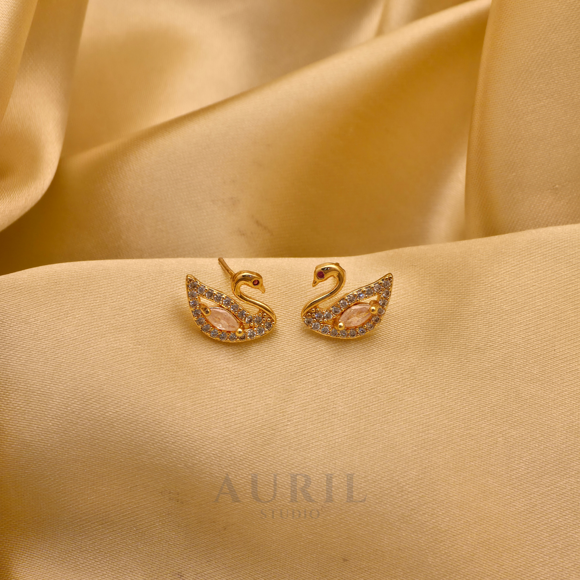 Crystal Swan Stud Earrings with Pink Stone, 18K Rose Gold Plated Anti Tarnish for Women