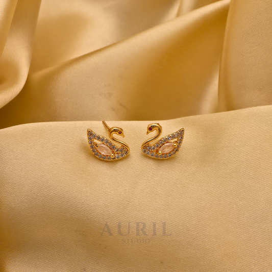 Crystal Swan Stud Earrings with Pink Stone, 18K Rose Gold Plated Anti Tarnish for Women