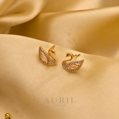 Crystal Swan Stud Earrings with Pink Stone, 18K Rose Gold Plated Anti Tarnish for Women