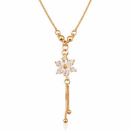 Anti Tarnish CZ Flower Tassel Drop Gold Necklace for Women
