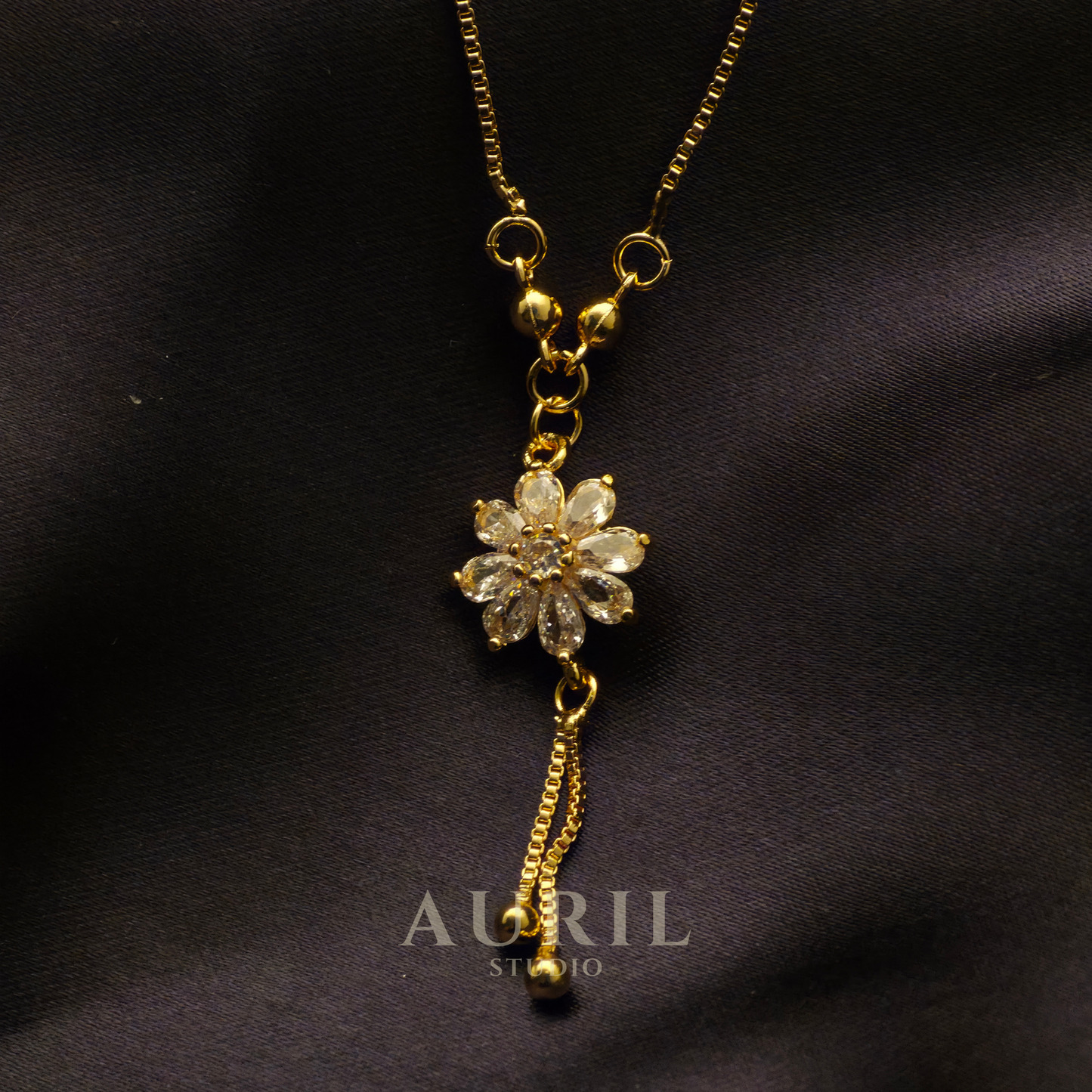 Anti Tarnish CZ Flower Tassel Drop Gold Necklace for Women