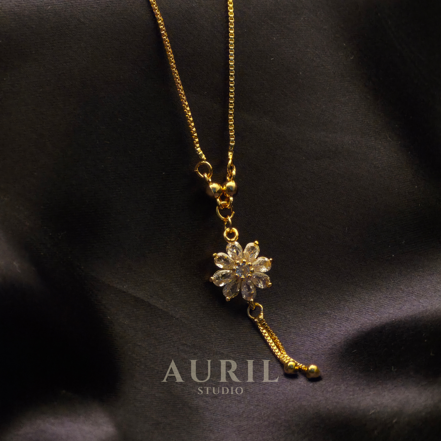 Anti Tarnish CZ Flower Tassel Drop Gold Necklace for Women
