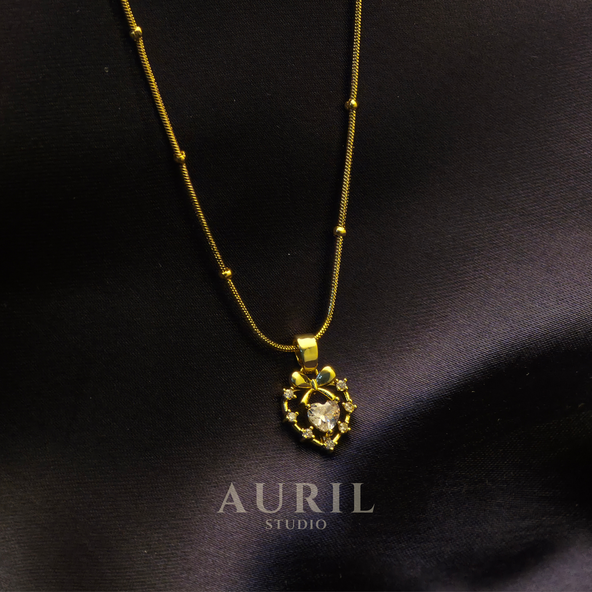 Crystal Heart Bow Pendant Necklace, 18K Gold Plated Anti Tarnish Satellite Chain for Women